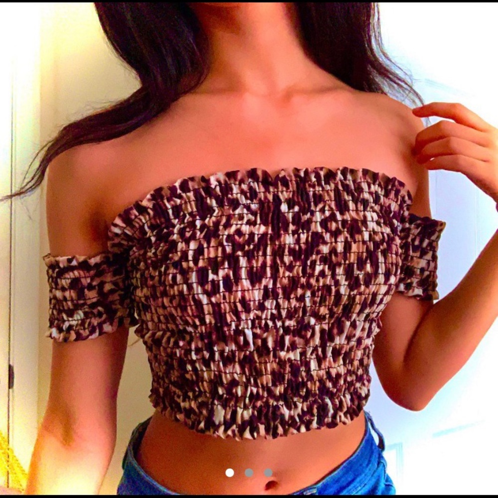 Forever 21 leopard off shoulder smocked crop top